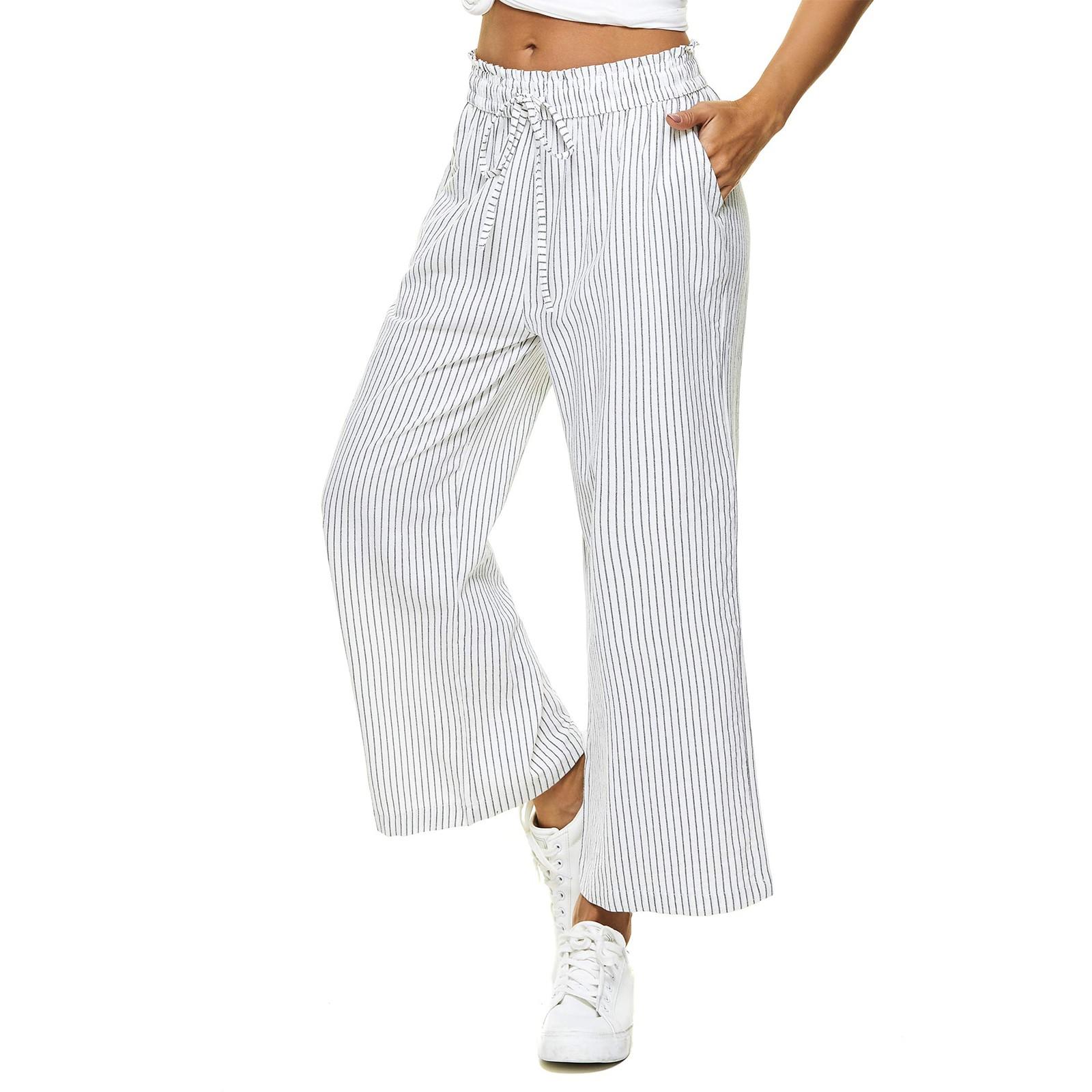 

Женские льняные брюки с широкими штанинами, эластичные брюки-палаццо с высокой талией, повседневная свободная одежда для пляжного отдыха с карманами L