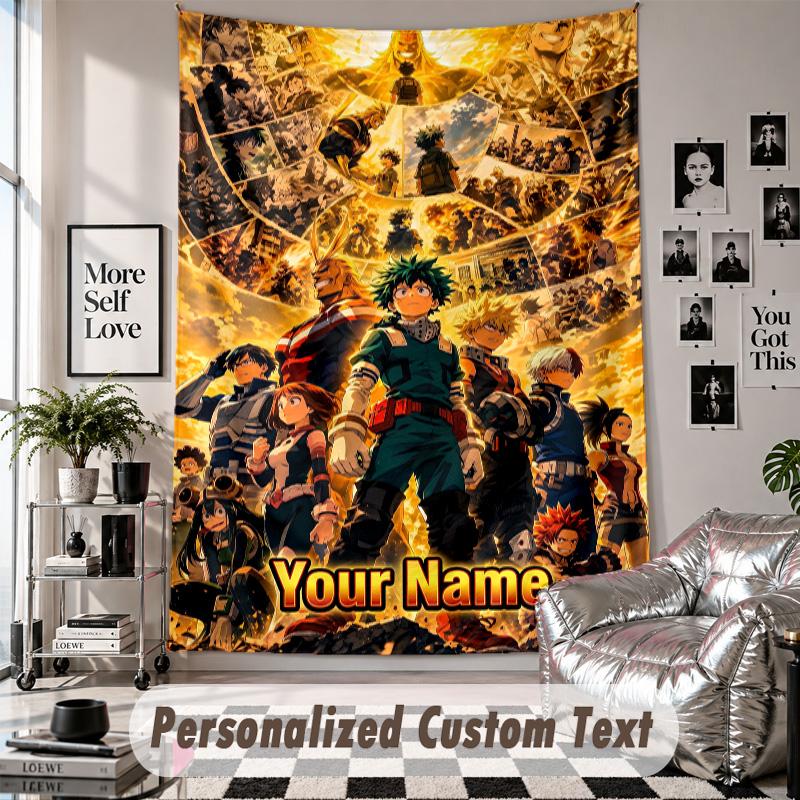 Wall Hanging Tapestry With Custom Name & Text, My Hero Academia Decorative Tapestry For Bedroom