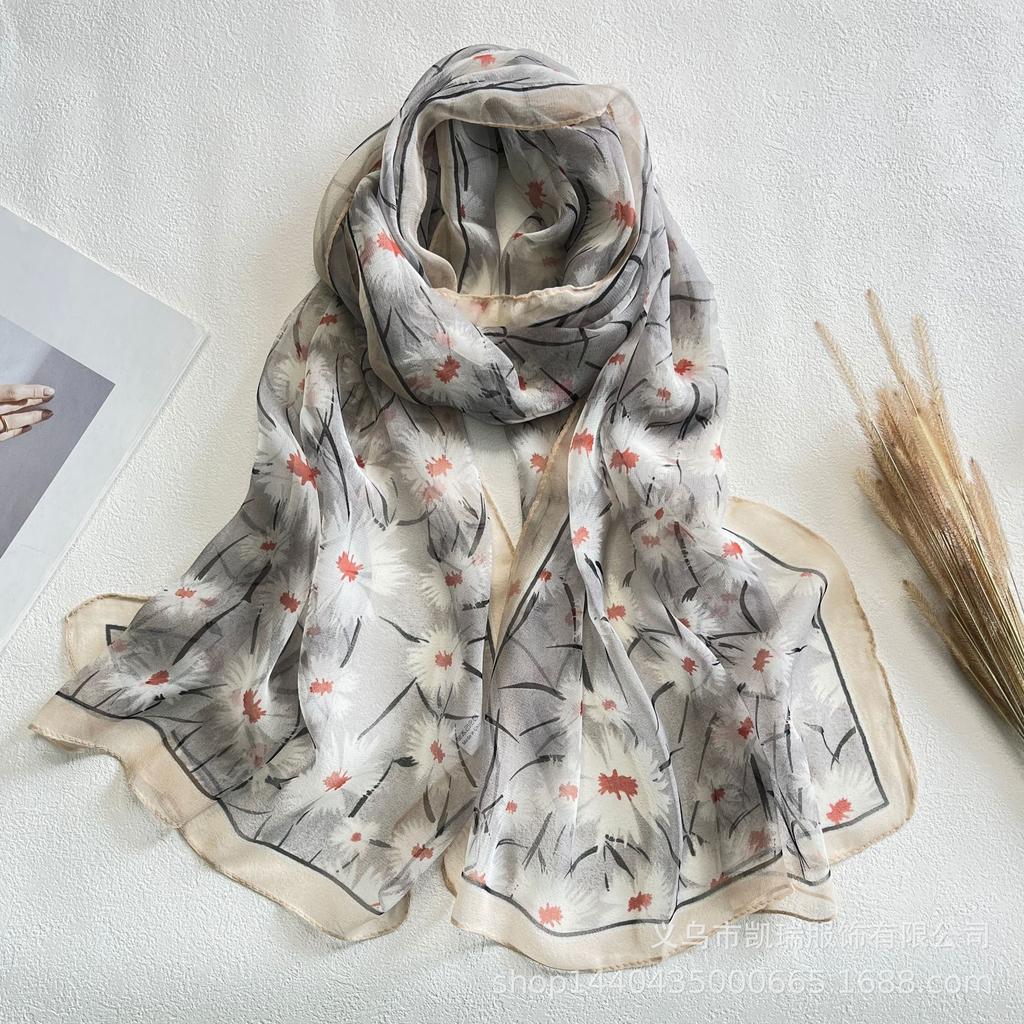 Neuer Sonnenschutz Langer Seidenschal Mohnblume Dünne Imitationsseide Frühling und Sommer Georgette Dekoration Damen Bedruckter Schal