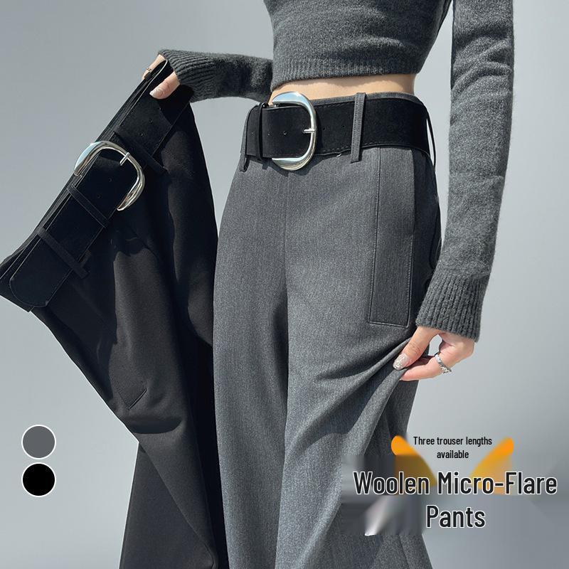 2026 Spring/Summer Women's High-Waisted Woolen Flare Pants - Floor-Length, Plus Velvet, Casual Wide-Leg