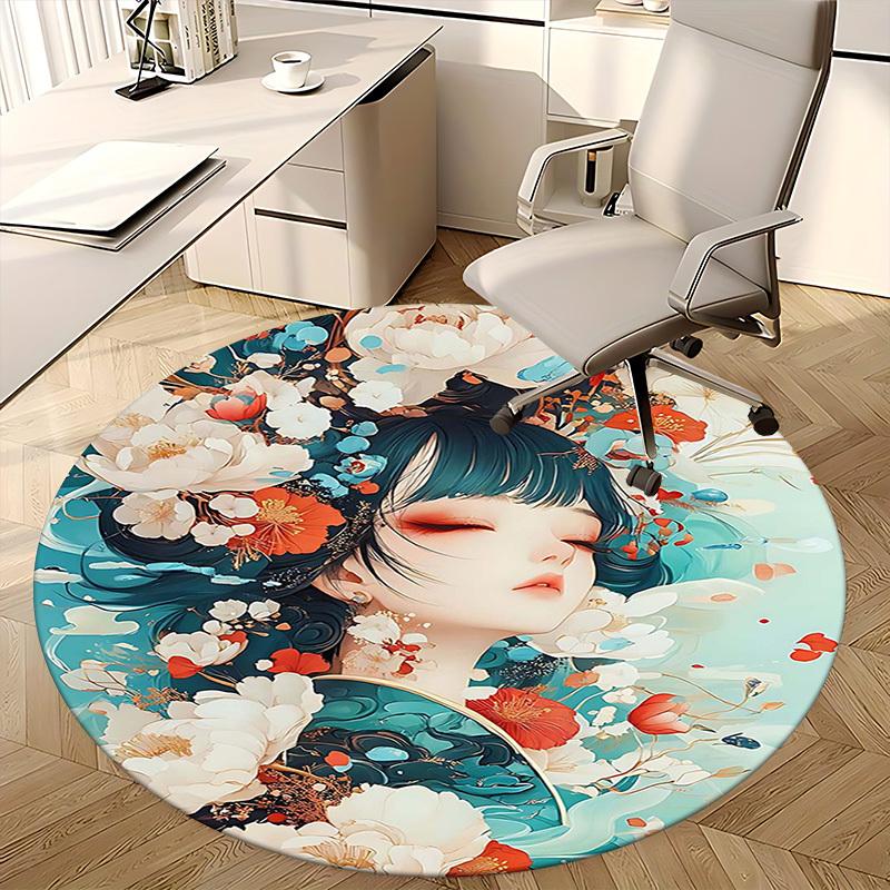 1pc Anime Design Round Carpet Floral Fantasy Chair Mat for Office, Home Decor, Living Room, Bedroom