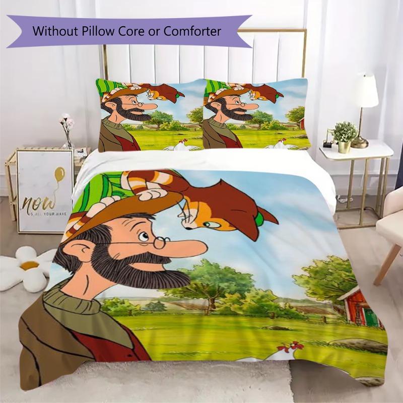Juego de Ropa de Cama de Dibujos Animados Pettson y Findus, Suave Funda Nórdica con Estampado de Gato con Funda de Almohada para Habitación Infantil Decoración del Hogar
