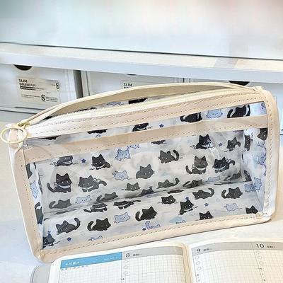 Cute Cat Pen Bag Cartoon Triangle Base Large Capacity Translucent Stationery Bag Student Supplies Gift