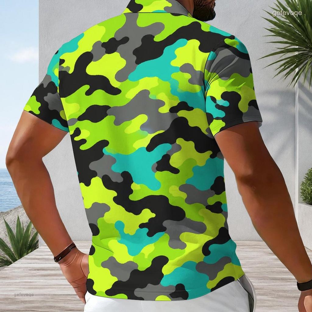 Men Plus Size Short Sleeve Quarter Zip Collared Blue Camouflage Printed Polo Shirt