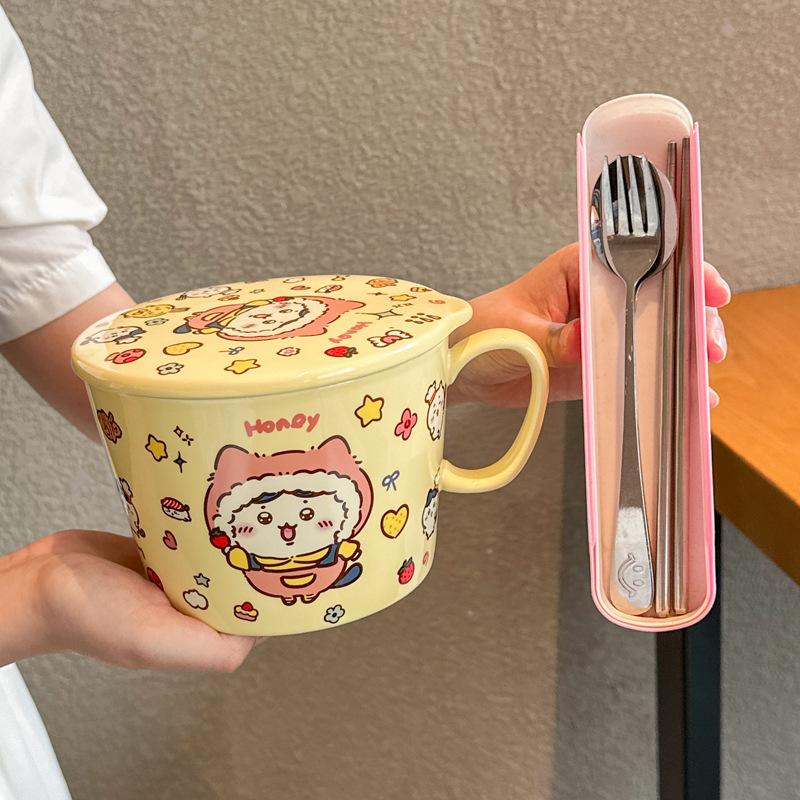 High-value and cute student large instant noodle cup Ceramic instant noodle bowl with lid Dormitory tableware Soup noodle ramen bowl