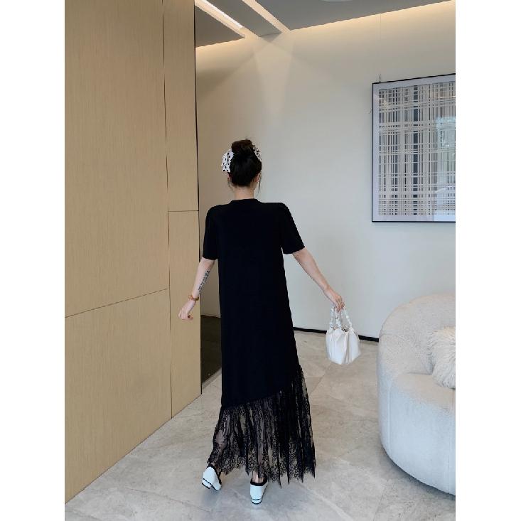 Dámské tričko s volným prošíváním a krajkou, černé šaty pro větší velikosti