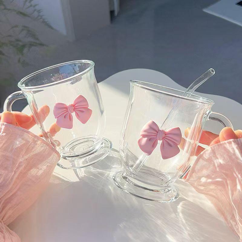 Floral Bow Large Capacity Glass Cup with Handle
