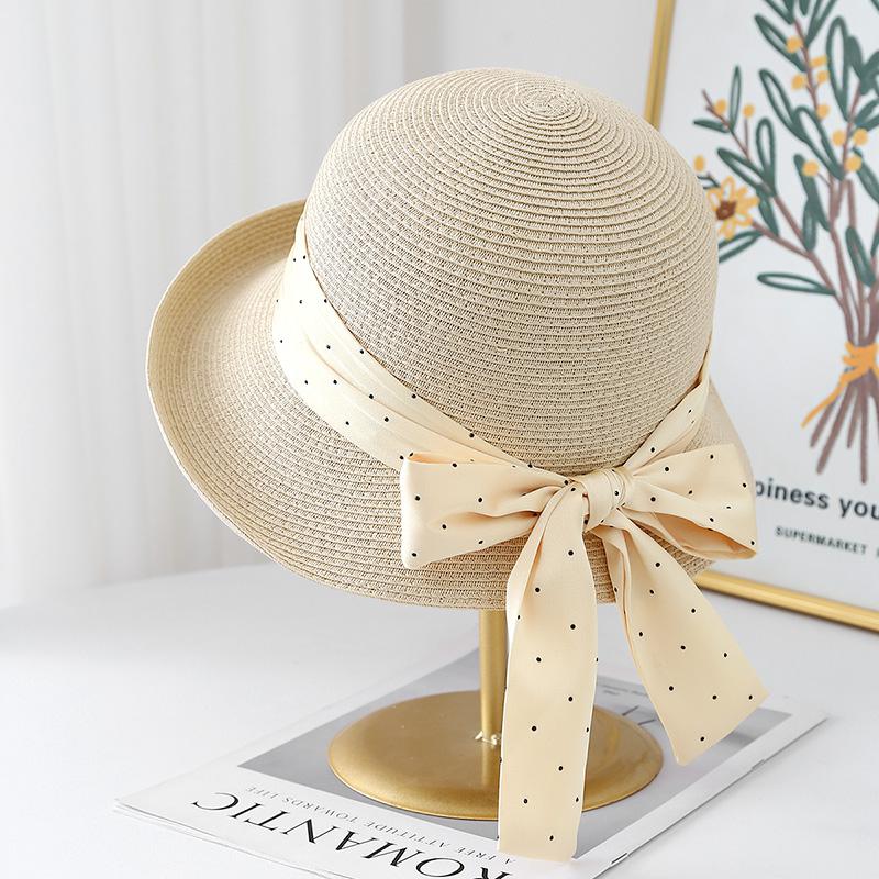 Women s Summer Sun Hat With Dot Ribbon Bow Breathable Straw Beach Hat Retro Wide Brim For Outdoor Travel Bonnet Bucket Hat New 56-58cm