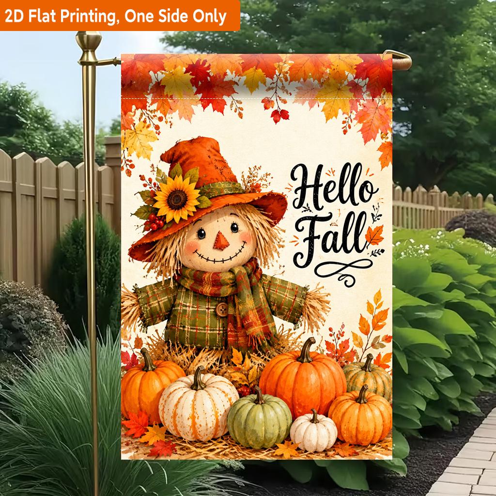 2D Flat - 2D Flat Printing Garden Flag 1pc, Pumpkins Scarecrow with Autumn Elements Durable Single-Sided Print Yard Flag, Garden And Home Holiday Deco