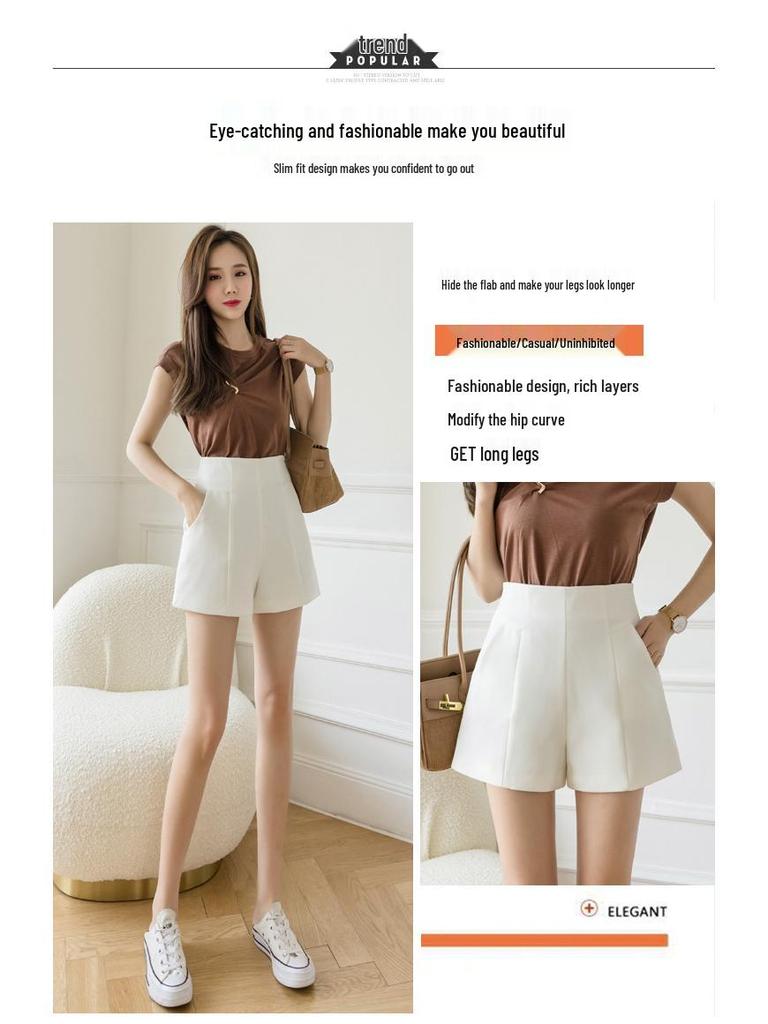 Summer 2024 Women's High Waist White A-line Suit Shorts: Loose, Casual Wide-Leg Design