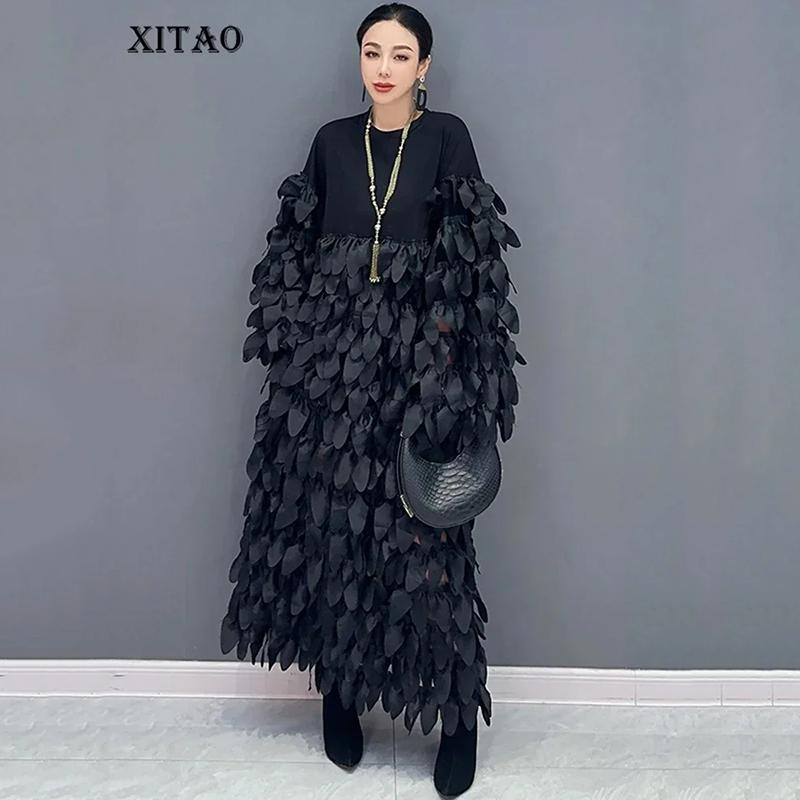 

XITAO лоскутное женское платье-пуловер с длинными рукавами и круглым вырезом DMJ2664