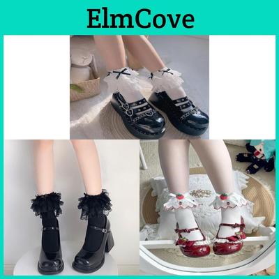 Lolita Cotton Socks With Lace Ruffle Bow For Girls Spring Casual Wear