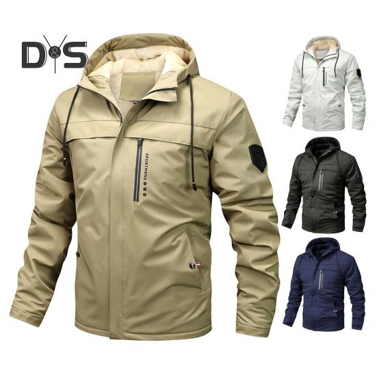 Menn Høst Hettejakke Vindjakke med Glidelåslommer Tykt Fôr Ensfarget Casual Hettegenser for Vinter Utendørsaktiviteter