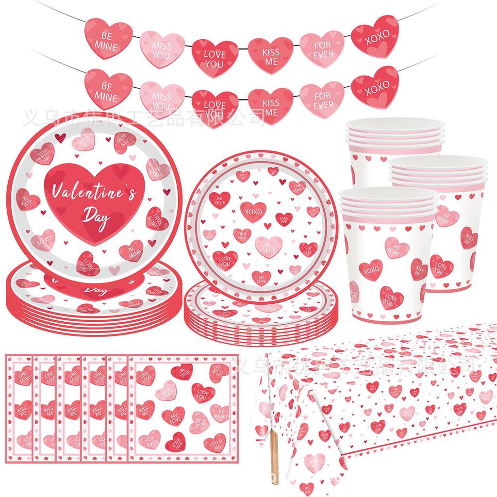 Valentine's Day Pink Heart Disposable Party Tableware Set
