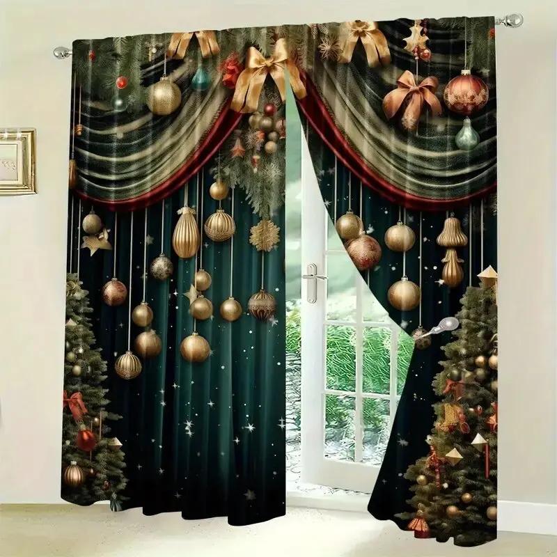 Set Of 2 Christmas Curtains Golden Balls Holiday Polyester Printed Home Decoration Room Curtain Made