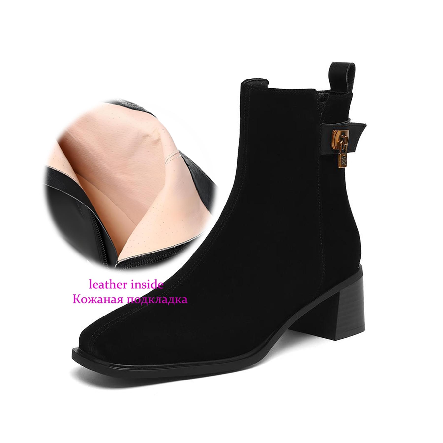 

Krazing Pot Cow Suede Nubuck Square Toe High Heels Chelsea Boots Size 42 Zip Women Metal Buckle Ankle Boots 34