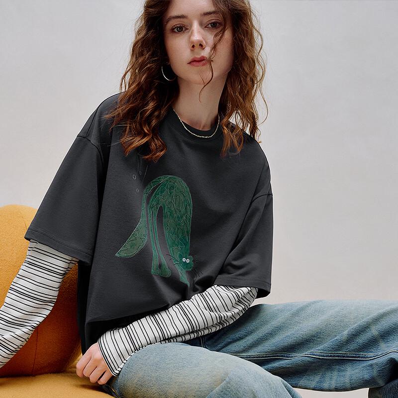 Chuyu Faux Two-Piece Striped Lyocell Cotton Long Sleeve T-shirt
