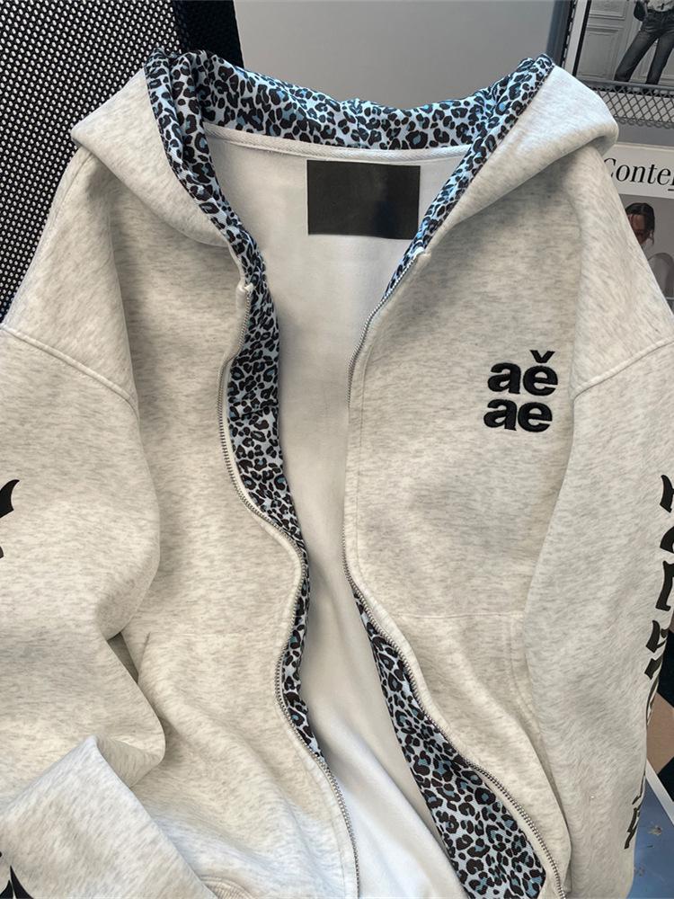 Unisex Retro Gothic Leopard Print Hoodie Jacket for Fall/Winter