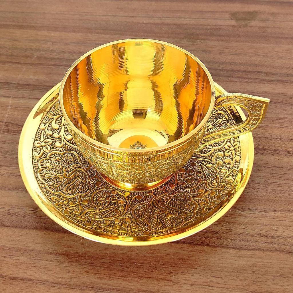 Tasse et soucoupe en laiton pur avec motif en relief, pour servir le thé, le café, vaisselle