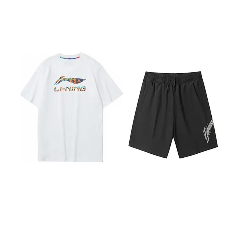 Li Ning Logo Print Round Neck Pullover Short Sleeve T-Shirt Fashion Versatile Loose Fit Shorts Casual Sports Set Unisex Sets AHSS549-2+YKSV151-1