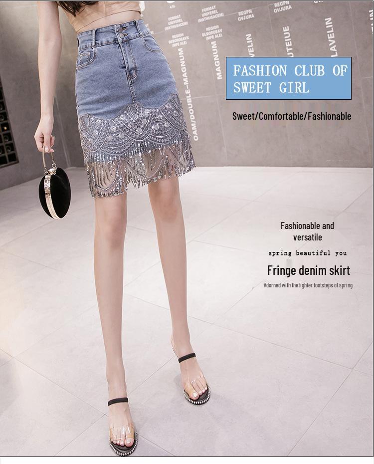 2024 Summer Korean High-Waist Sequin Tassel Denim Bodycon Mini Skirt for Women