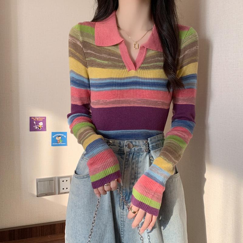 Polo Collar Striped Sweater for Women In Early Autumn New Contrasting Color Slim Bottoming Shirt for Women To Wear In Autumn and Winter