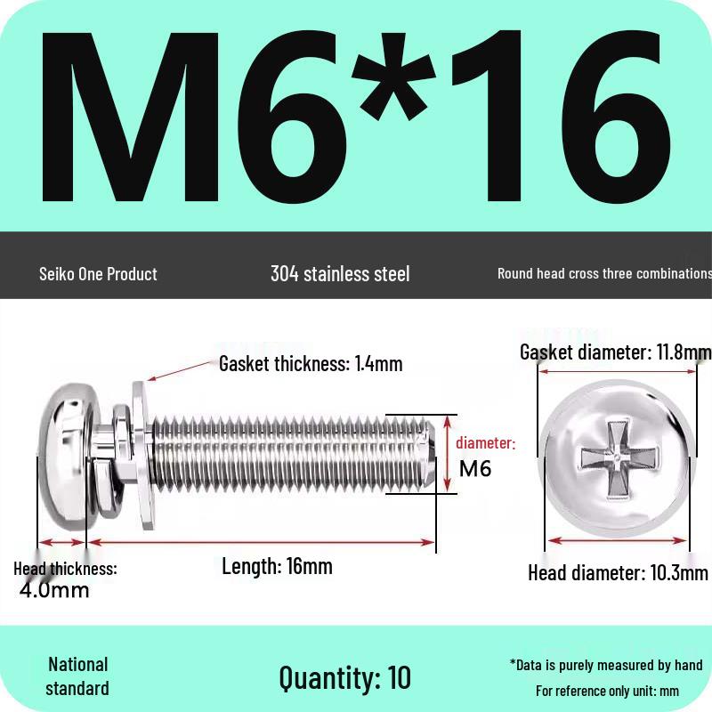 304 Stainless Steel Phillips Round Head Screw with Flat Washer M3/M4/M5/M6
