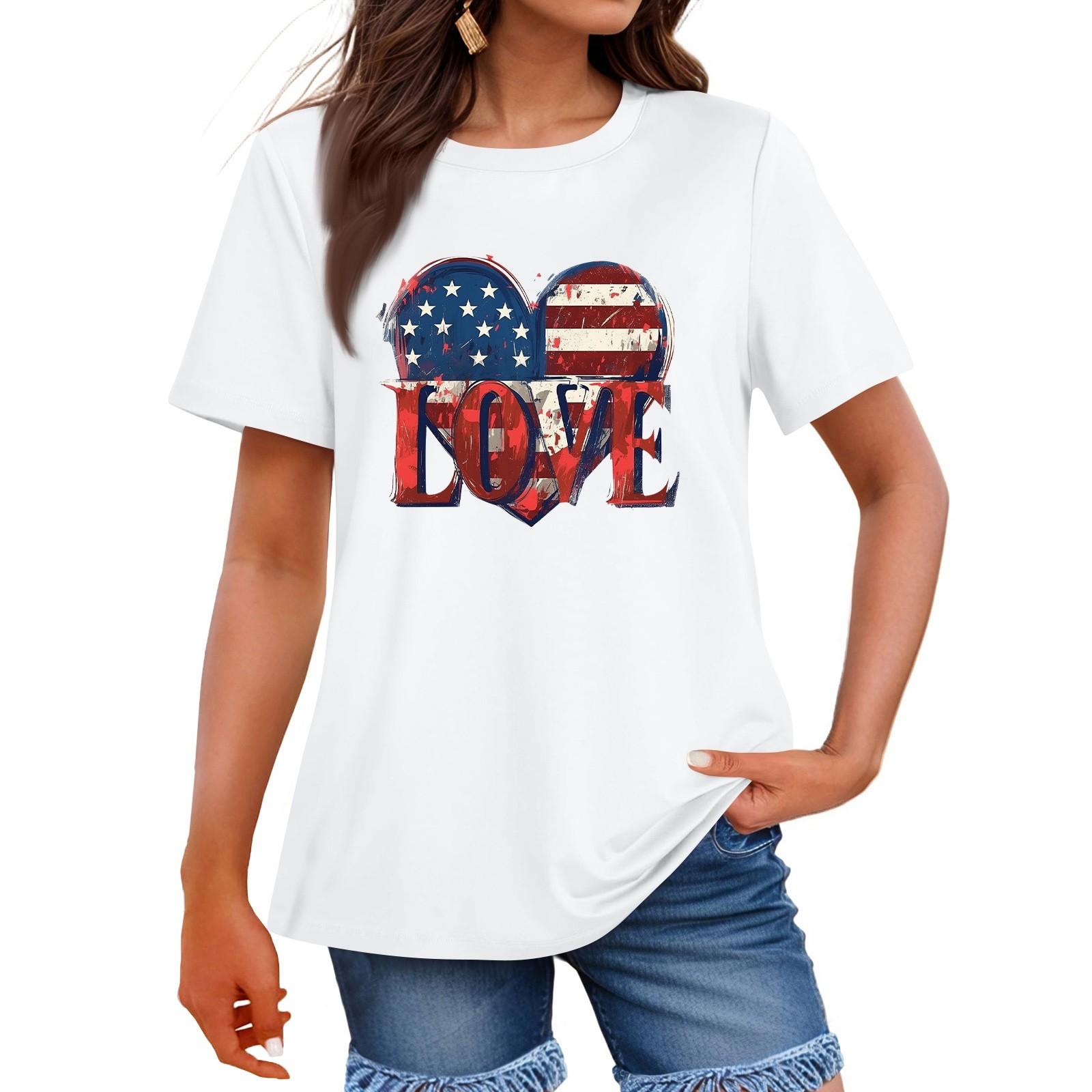 

Women s Fashion Independence Day Printed Round Neck Short Sleeved Casual T-shirt Top L білий