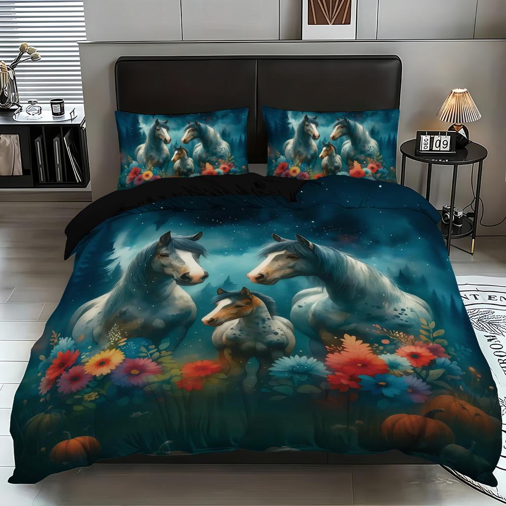 Home Textile Three-Piece Quilt Cover Horse 3D Digital Printing Kit Horse Thickened Abraded Cloth Pillowcase Quilt Cover