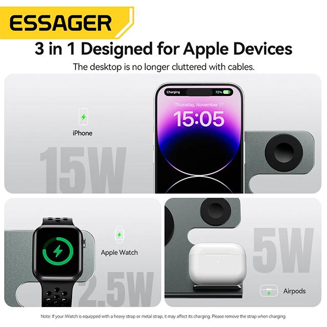Essager Încărcător magnetic de birou fără fir 3 în 1 PD15W Stație de încărcare rapidă pentru iPhone 15 14 13 12 Pro Max Apple Watch Airprods