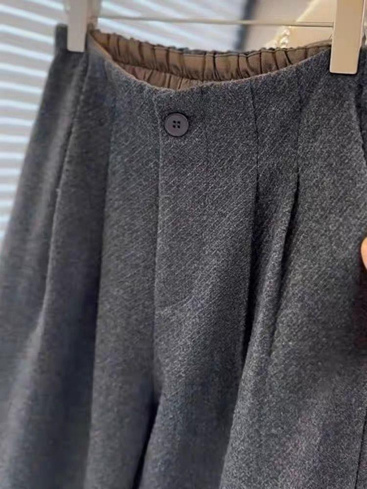 European Grey Pleated Wide-Leg Wool Blend Trousers with Elastic Waist for Women - Autumn/Winter 2025 Slimming Style S