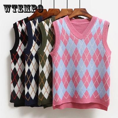 Checked Sleeveless Sweater Loose Student College Style Knitted Sweater Tank Tops for Women