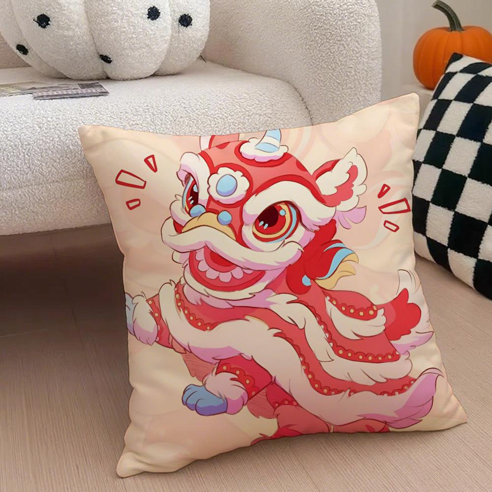 Festive Traditional Dancing Lion Anime Lucky Cushion Cover Linen Pillow Case Soft Breathable Protective Couch Room Decoration