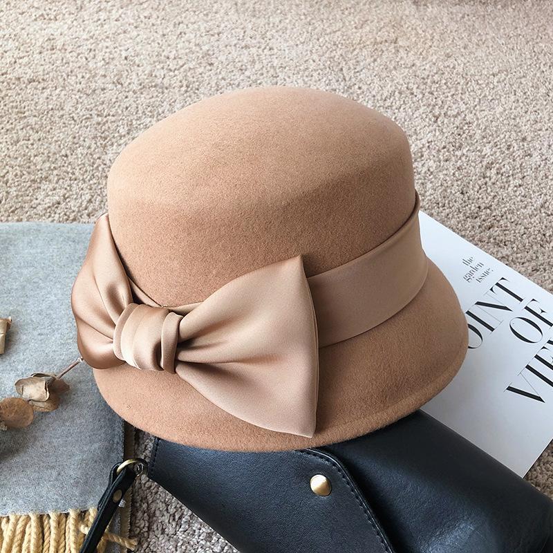 Autumn and Winter New Elegant Hepburn Bow French Top Hat Retro Woolen Hat Women's Retro Dome Woolen Hat