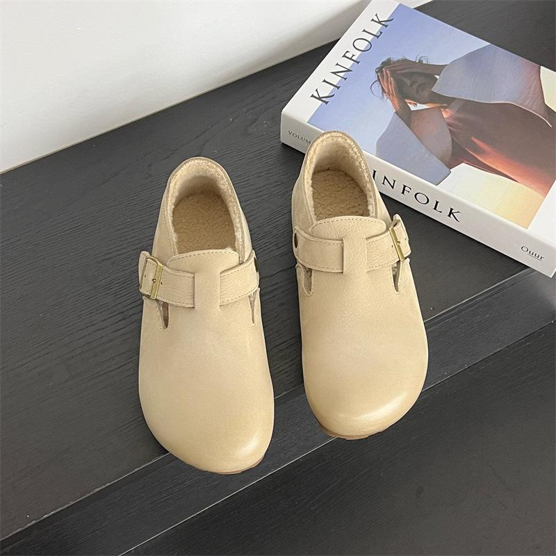 Loafers for Woman Cowhide Soft Soled Flat Soled Single Shoes Women's Cotton Shoes Black Casual Shoes Women's Winter Footwear