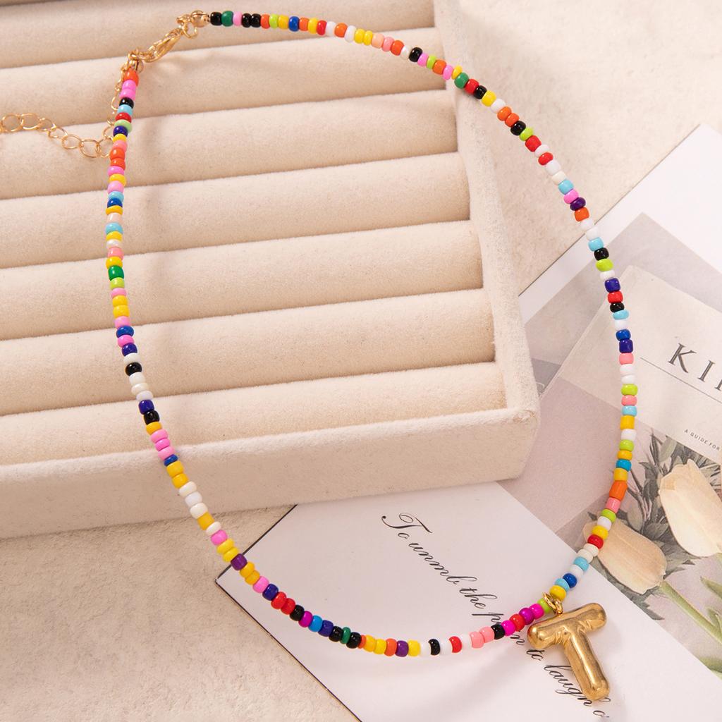 Bubble Alphabet Colored Rice Beads Handmade Beaded Delicate Beach Bohemian Necklace Collarbone Chain