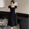 Summer Korean version of temperament pleated bubble sleeves square neck dress women's fashion French waist and thin A word medium and long dress