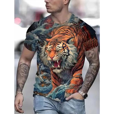 Herren T-Shirt Sommer Locker und Atmungsaktiv Kurzarm Löwenprint Oberteile Rundhals Modebekleidung Herrenbekleidung Niedrigpreis T-Shirt