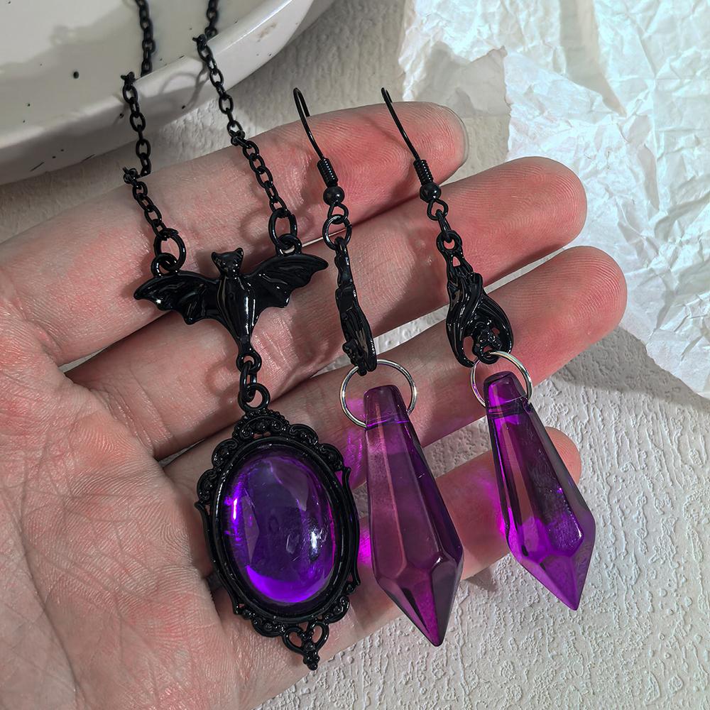 Gothic Black Bat Pendant Necklace With Faux Amethyst Drop Earrings Jewelry Set, Dark Witch Style, Perfect For Halloween Party We