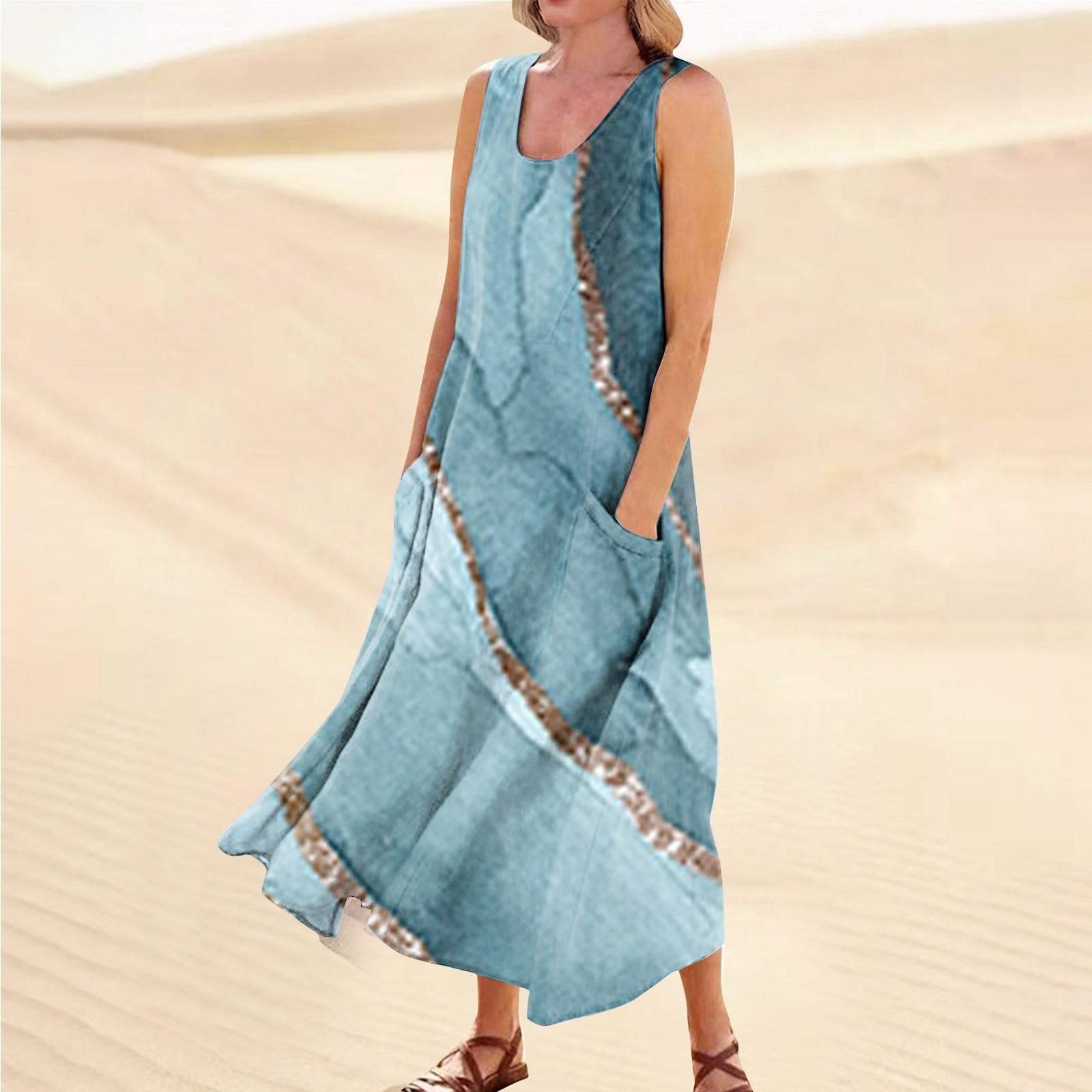 

Женское летнее повседневное модное платье без рукавов с карманом и круглым вырезом L синий