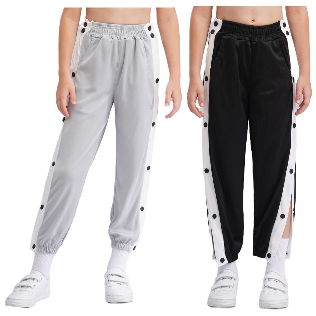 Boys Contrasting Stripe Sweatpants Side Split Press Button Pockets Casual Basketball Sport Trousers