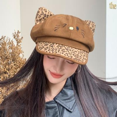 Sweet and Cool Wind Leopard Print Cat Ear Octagonal Hat Cute Embroidered Cat Face Newsboy Hat Autumn and Winter Versatile Casual Cap