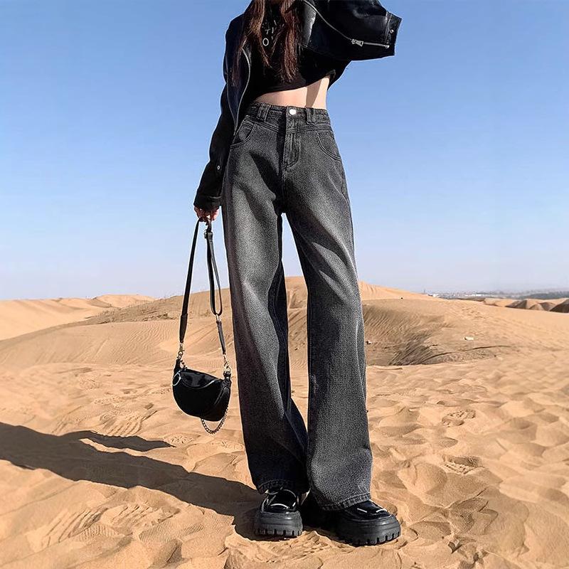Women's Retro Black and Grey Wide-Leg Jeans - High Waist, Slimming, Petite Fit for Autumn/Winter 2024