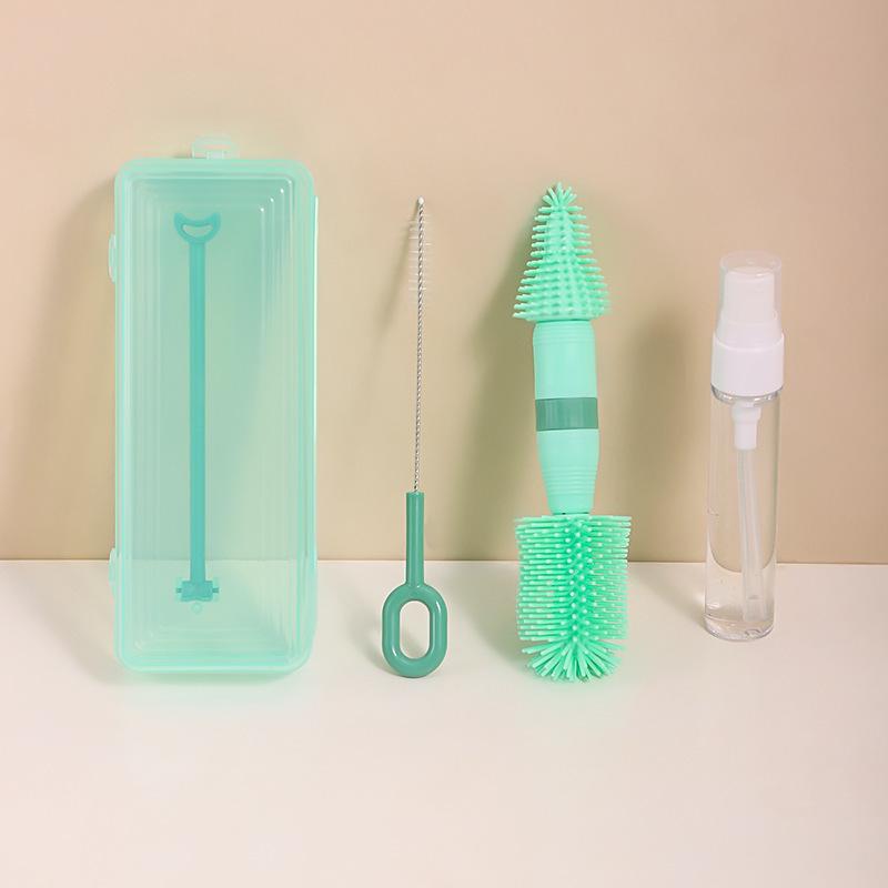 Portable Baby Bottle & Nipple Brush Set with Storage Box and Draining Rack for Travel