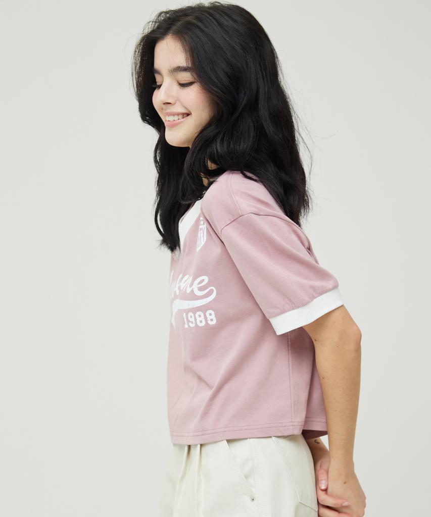 AWESOME STUDIO V-Neck Uniform Short Sleeve T-Shirt Indie Pink