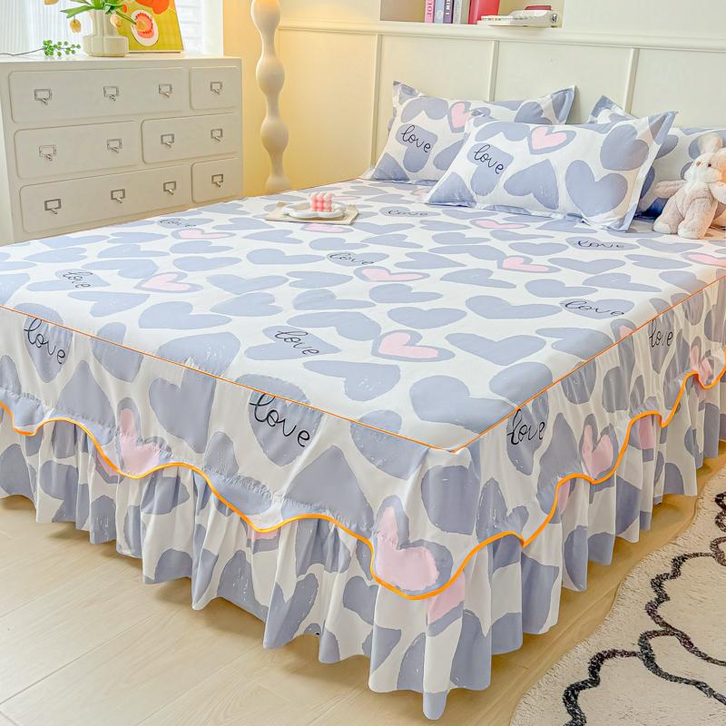 Printed Bed Skirt with Pillowcase Queen Size Bed Cover Set Ruffles Mattress Protector Home Bed Linen Soft Bedspread Jupe De Lit