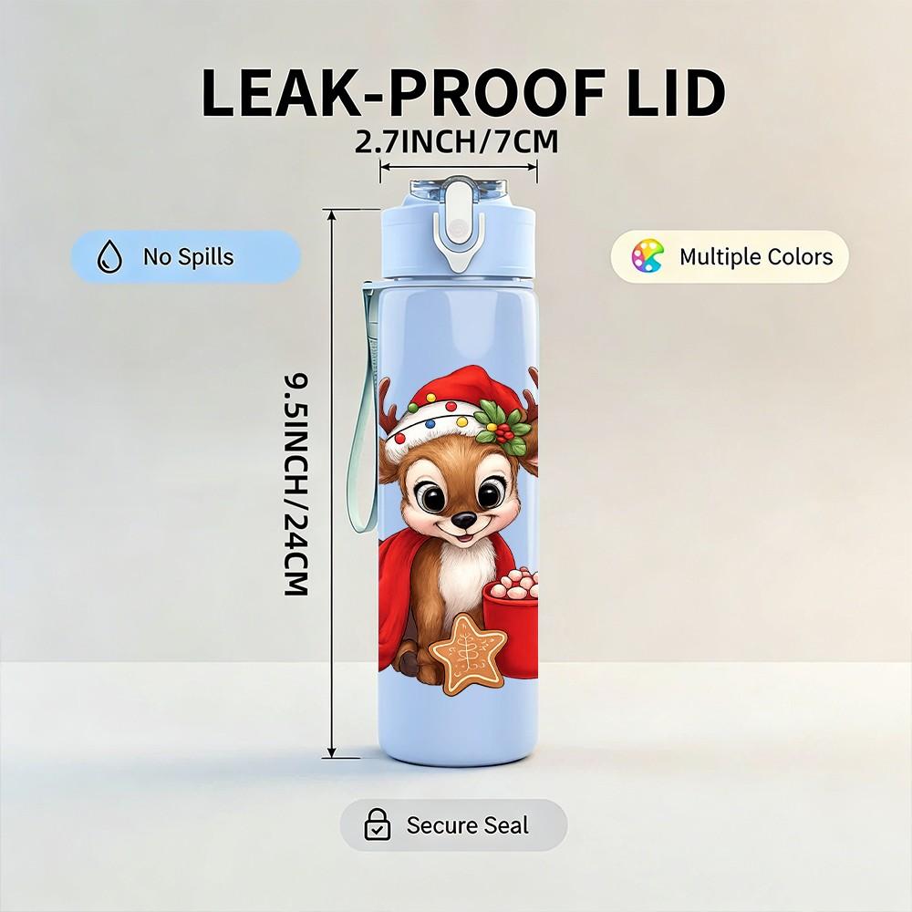 1PC Christmas Reindeer Elk 750ml Color Plastic Sports Water Bottle Leakproof Flip Straw Lid Suitable for Sports Office Home Use