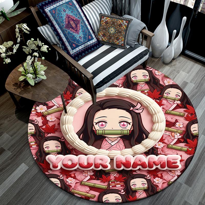 Custom Name,Nezuko Kamado pattern round rug,Carpet Rug for Living Room Bedroom Playroom ,Non-slip Floor Mat,Holiday Gifts and Birthday Gifts.