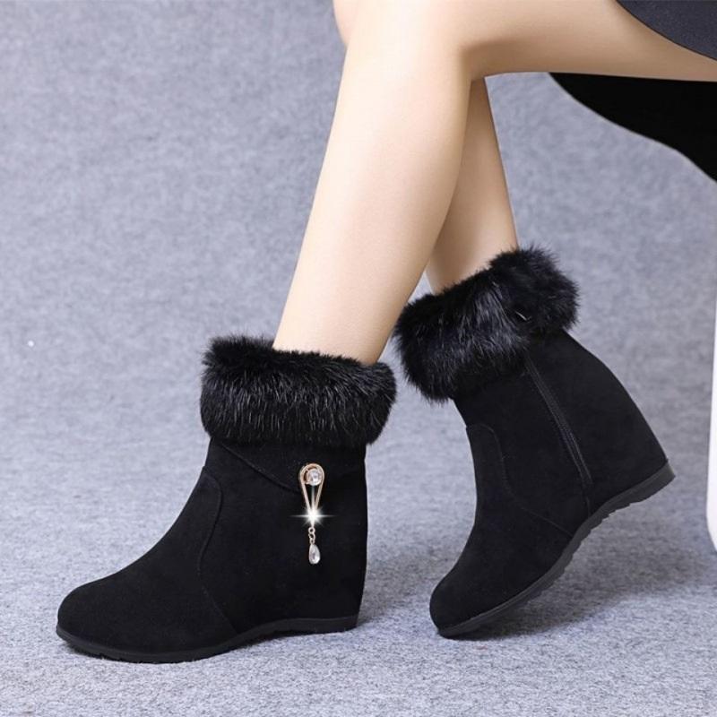 

Women s Winter Snow Boots Rabbit Fur Trim Wedge Heel Fleece Lined Ankle Boots With Zipper 42 чорний