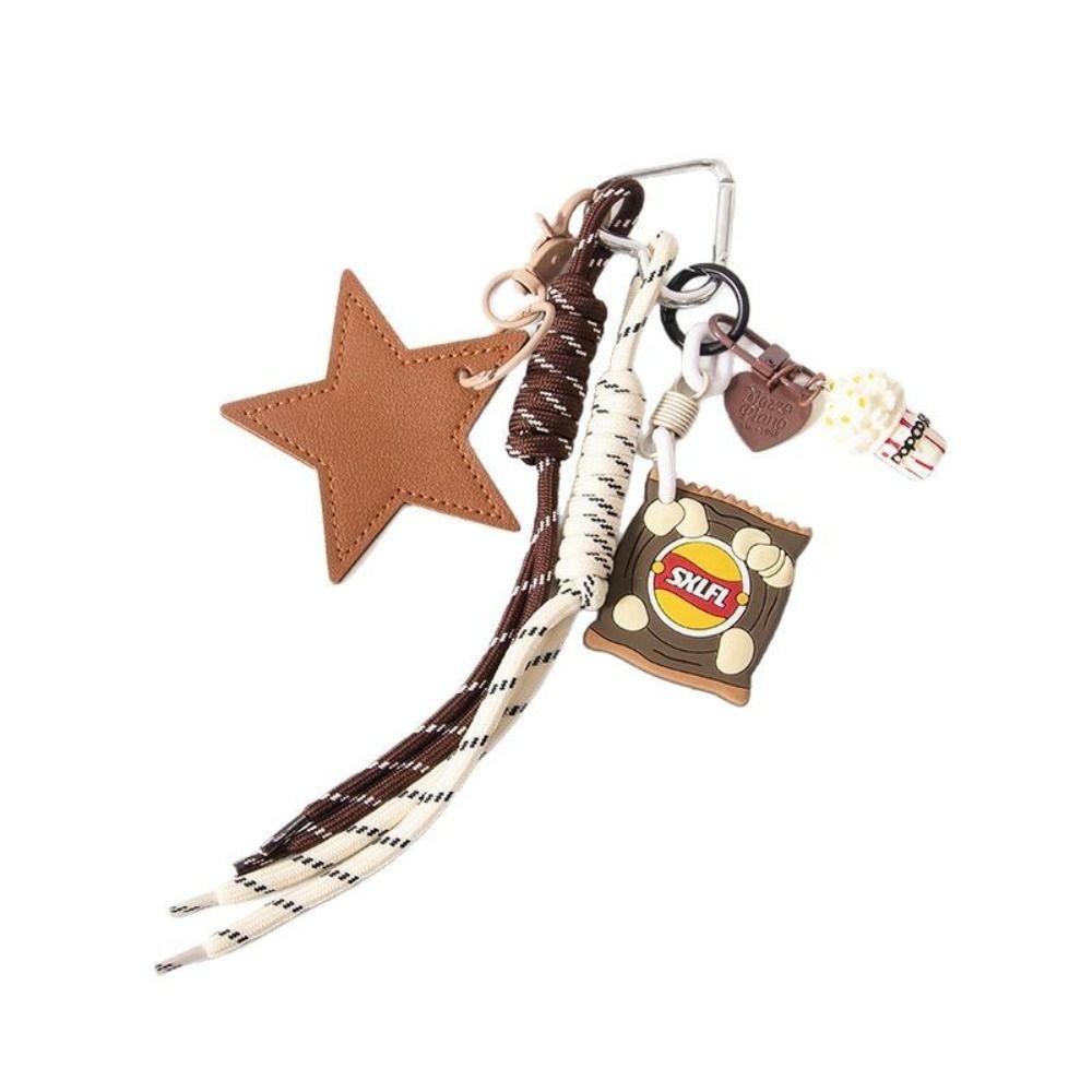 Popcorn Potato Chips Star Shaped Keychain PU Leather Star Keyring  Children Girl